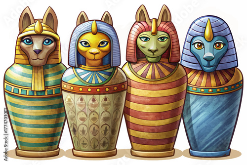 Set of four canopic jars used for mummification, each with animal headed lids