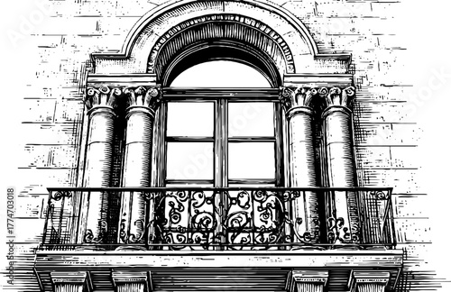 Vintage venetian arched window with twin columns and ornate balcony design for architectural decor