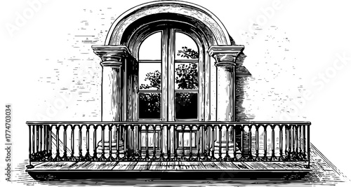 Vintage engraved venetian arched window with twin columns and balcony for architectural design