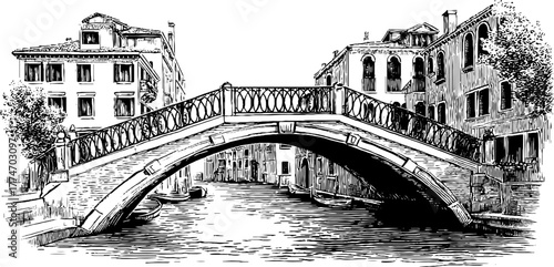 Engraved venetian canal bridge with decorative balustrades - retro architectural design for prints