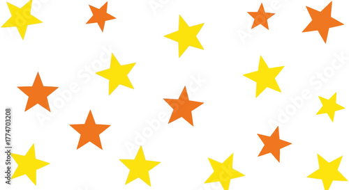A vibrant pattern of scattered yellow and orange stars of various sizes on a clean white background, creating a cheerful and playful design.