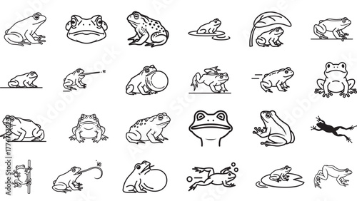 Frog Line Art Stroke Icons In Many Poses, Amphibian Outline Vector Pack For Wetland And Pond Graphics
