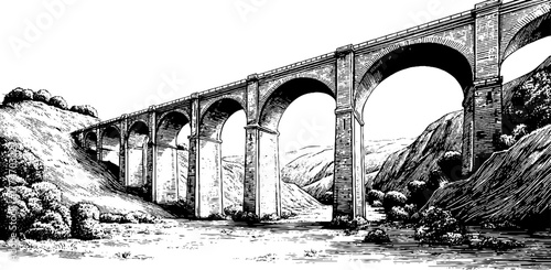 Engraved view of antique aqueduct arches spanning a picturesque valley