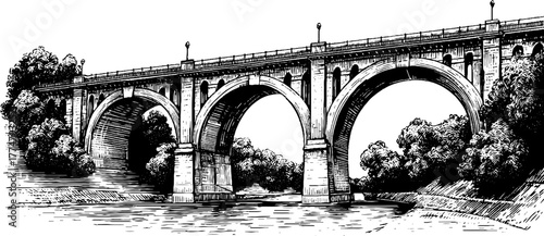 Antique engraved view of arched aqueduct spanning valley for historical design