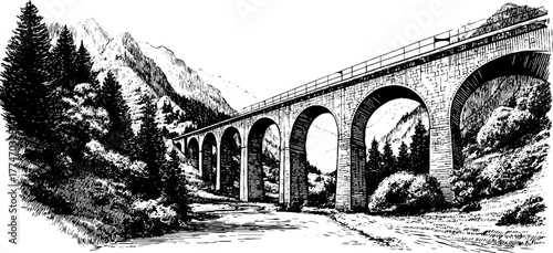 Antique engraved view of arched aqueduct spanning valley for retro design and historical study