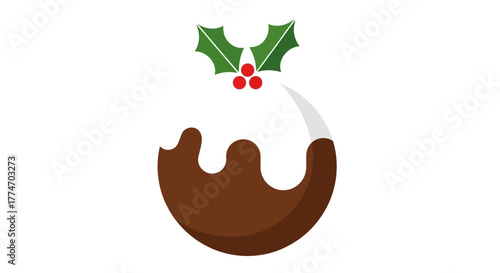 A festive illustration of a traditional Christmas pudding with white icing and a holly sprig on top.