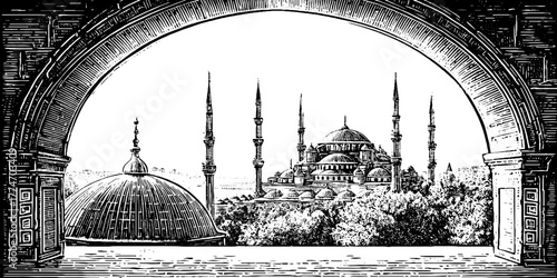 Vintage engraving of cityscape viewed through archway silhouette