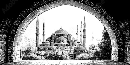 Vintage engraved view through archway revealing historic cityscape silhouette