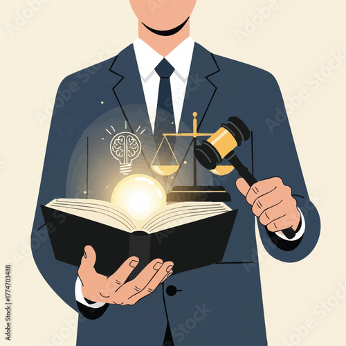 A legal expert in a suit holds an open book with glowing symbols of justice, knowledge, and a gavel, representing profound legal insight and solutions.