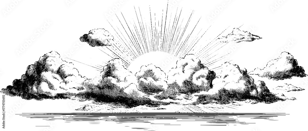 Obraz premium Vintage hand-drawn sky scene with scattered clouds and sunbeams for retro art design