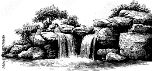 Serene waterfall amidst rocks and mist - vintage nature engraving for decoration or art