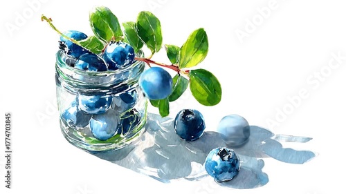 Watercolor painting of blueberries in glass jar and green leaves on white