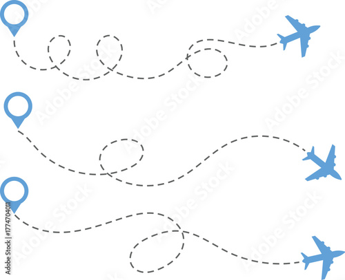 Airplane Route and Flight Path Icon Set. Travel Logistics and Destination Tracking Symbols. Journey Planning symbol. airplane flight route dotted line