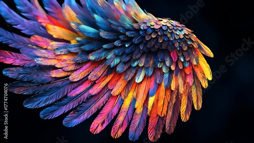 The colorful feathers radiate a vibrant display resembling a bird's magnificent wing. This stunning array of feathers showcases bright hues of blue, orange, and pink against a dark