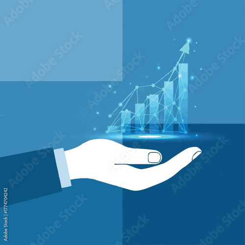 A hand supports a glowing, abstract digital bar graph, symbolizing financial growth, business success, and technological advancement in a modern blue environment.