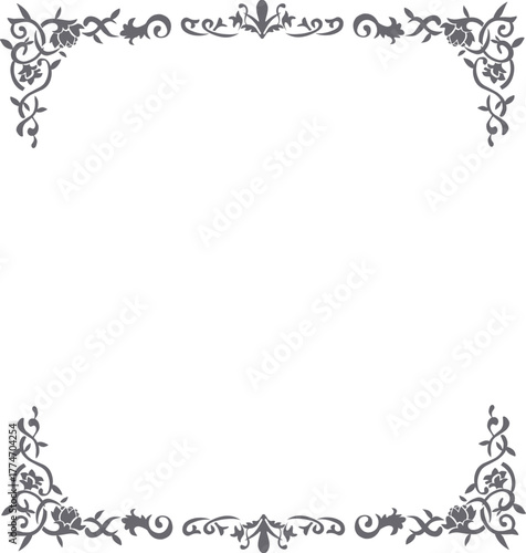 Elegant grey floral border design with symmetrical corner details, creating a clean and classic frame layout.