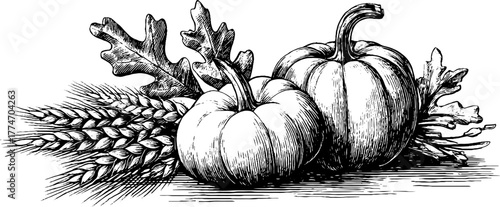 Autumn harvest composition with pumpkins and wheat - perfect for seasonal decor and design