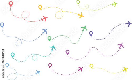 Airplane Route and Flight Path Icon Set. Travel Logistics and Destination Tracking Symbols. Journey Planning symbol. airplane flight route dotted line
