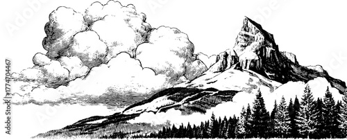Vintage mountain landscape with dramatic clouds, hand drawn engraving for retro design