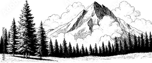 Vintage engraving of mountain landscape with pine trees and clouds for retro design