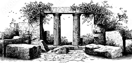 Ancient courtyard with broken columns and ivy - vintage hand drawn engraving for decorative design