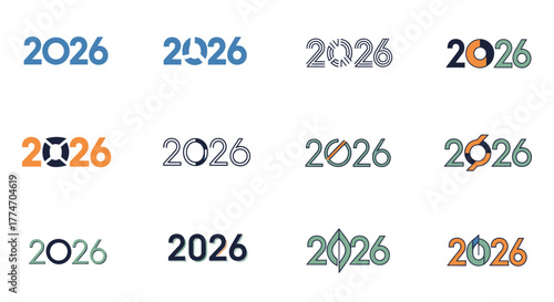 Twelve stylized graphic variations of the number 2026, in different colors and designs.