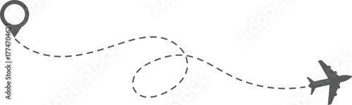 Airplane Route and Flight Path Icon Set. Travel Logistics and Destination Tracking Symbols. Journey Planning symbol. airplane flight route dotted line