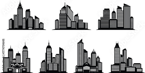 City skyline silhouettes, urban architecture vector, skyscrapers, office buildings, classical facades, black clipart, downtown design, modern cityscape icons