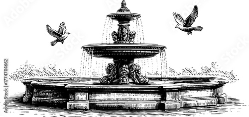 Ancient fountain with sculptures and flowing water - vintage hand-drawn etching for design