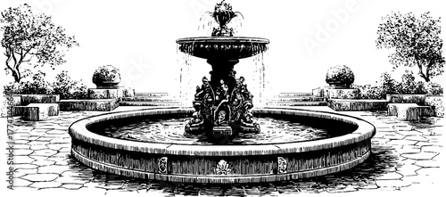 Ancient fountain with sculptures and flowing water - vintage engraving design for decoration