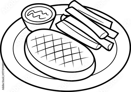 Steak and Fries with Dipping Sauce Line Art