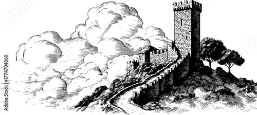Ancient stone tower on hilltop with clouds and trees engraving - design for historical print or poster