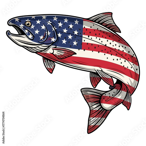 Trout fish vector graphic decorated with US flag for American fishing theme design.