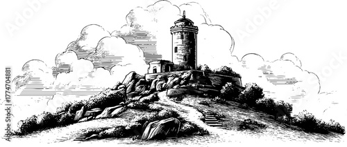Ancient stone tower on hilltop with cloudy backdrop - hand drawn engraving design for vintage art