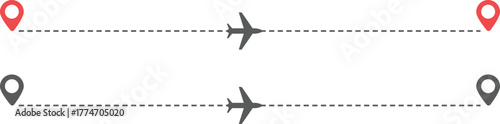 Airplane Route and Flight Path Icon Set. Travel Logistics and Destination Tracking Symbols. Journey Planning symbol. airplane flight route dotted line