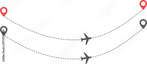 Airplane Route and Flight Path Icon Set. Travel Logistics and Destination Tracking Symbols. Journey Planning symbol. airplane flight route dotted line