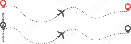 Airplane Route and Flight Path Icon Set. Travel Logistics and Destination Tracking Symbols. Journey Planning symbol. airplane flight route dotted line