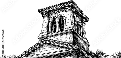 Antique stone tower with arched windows and tiled roof - vintage engraving sketch for historical design