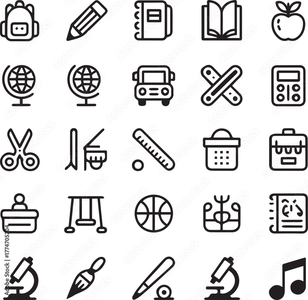 Fototapeta premium School Life Icons for Kids | Education, Learning, Classroom, and Children Activity Vector Set 