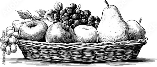 Vintage basket of fresh fruits featuring apples and pears for rustic home decor