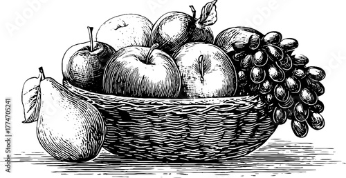 Vintage fruit basket engraving with apples and grapes for retro design