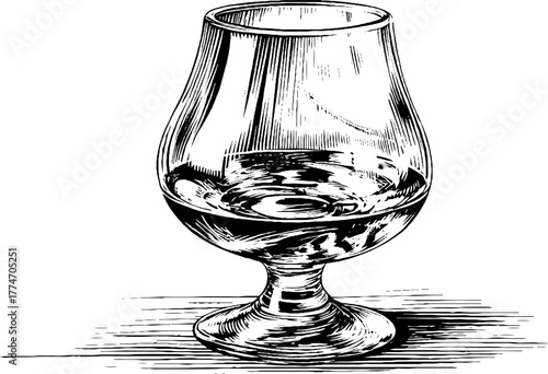 Vintage hand-drawn engraving of brandy snifter glass with reflections for beverage design