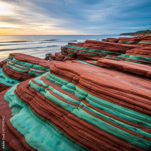Wallpaper Mural Scenic coastal landscape featuring layered red and teal sandstone cliffs Torontodigital.ca