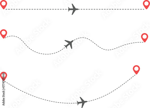Airplane Route and Flight Path Icon Set. Travel Logistics and Destination Tracking Symbols. Journey Planning symbol. airplane flight route dotted line