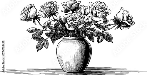 Elegant floral design of ceramic vase with roses and leaves