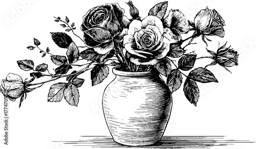 Vintage engraving of ceramic vase with roses and leaves for retro design