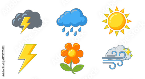 Weather icons show different meteorological conditions like sun, clouds, rain, lightning, and wind.