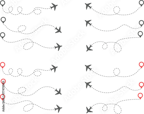 Airplane Route and Flight Path Icon Set. Travel Logistics and Destination Tracking Symbols. Journey Planning symbol. airplane flight route dotted line