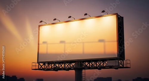 Stunning billboard blank canvas under vibrant sunset sky, perfect for advertising campaigns and marketing strategies in urban landscapes at dusk