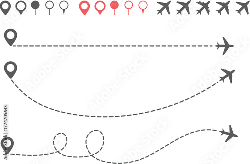 Airplane Route and Flight Path Icon Set. Travel Logistics and Destination Tracking Symbols. Journey Planning symbol. airplane flight route dotted line